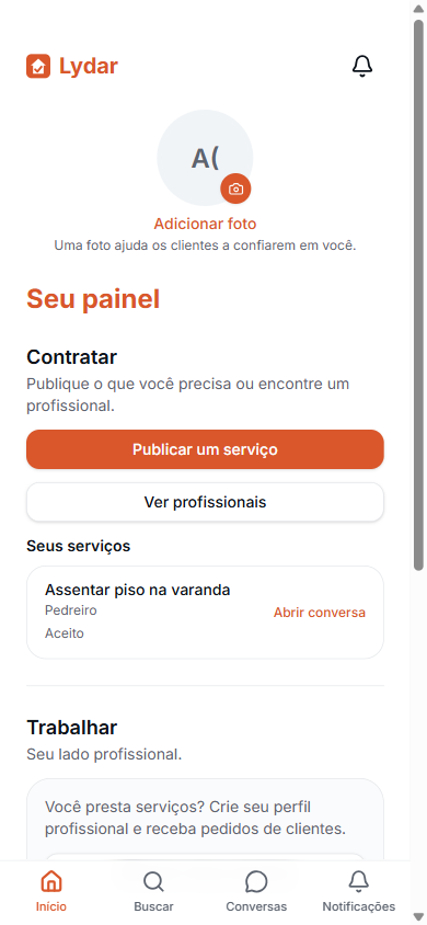 Painel do usuário no Lydar