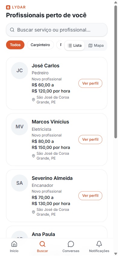Lista de profissionais perto de você no Lydar