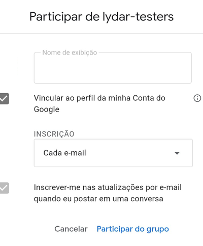 Tela do Google mostrando Participar de lydar-testers, com o botão azul Participar do grupo