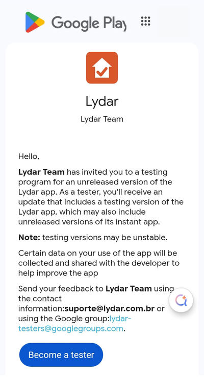Página do Google Play convidando para o teste do Lydar, com o botão azul Become a tester