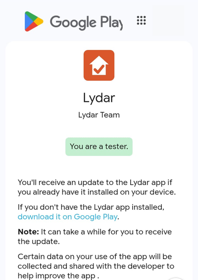 Confirmação You are a tester no Google Play, com o link para baixar o Lydar
